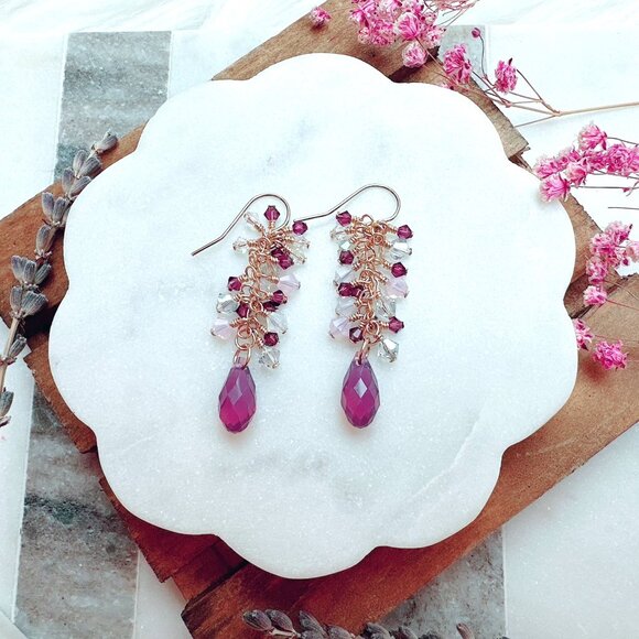 New Briolette Crystal Cluster Long Drop Earrings | Handmade in BC - Picture 2 of 4
